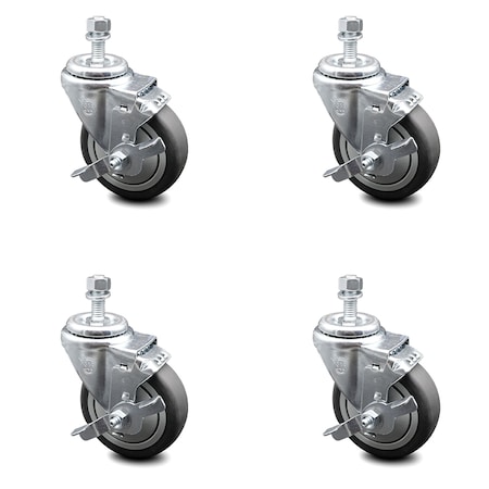 Service Caster 4 Inch Thermoplastic Rubber Swivel 1/2 Inch Threaded Stem Caster Set with Brake SCC-TS20S414-TPRB-TLB-121315-4